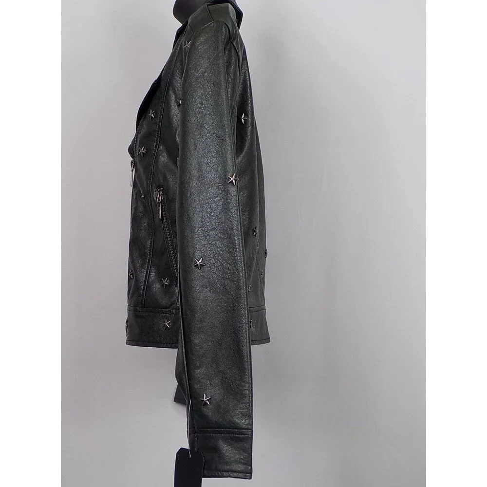 Faux Leather Jacket Dark Green Women Size XS Collection b Star Studded NWT - Picture 5 of 10